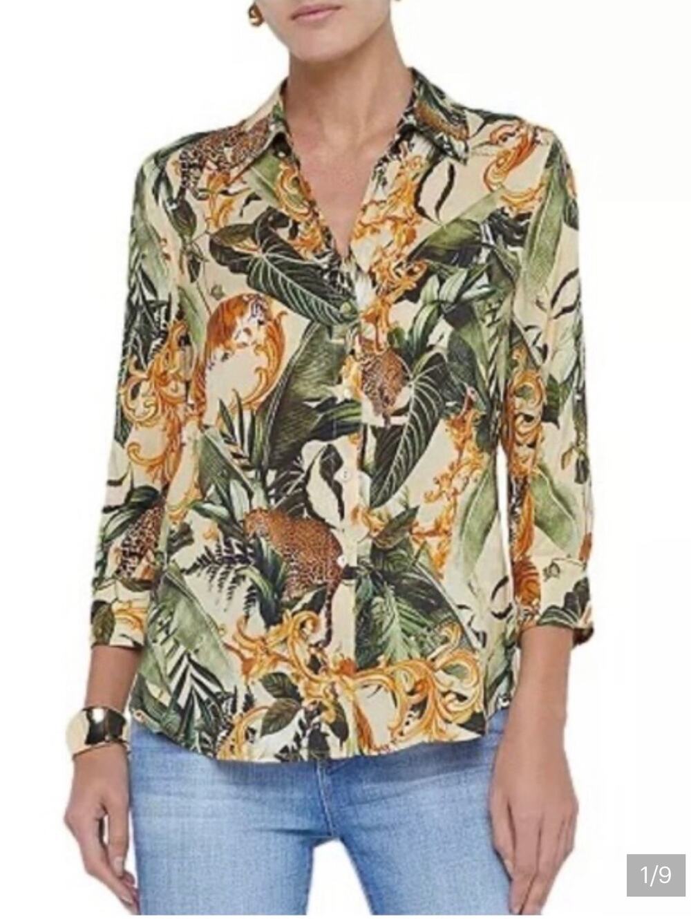 L'Agence Camille Jungle Animal Print Button Front Top L